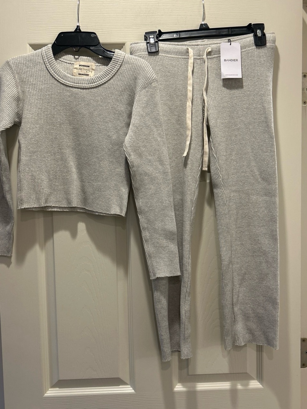 Bandier Ribbed Knit Lounge Pants and top Light Gray
